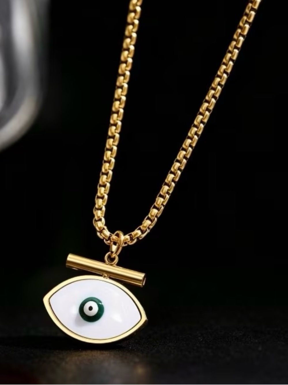 Gold Evil Eye Pendant Necklace with White and Green Enamel